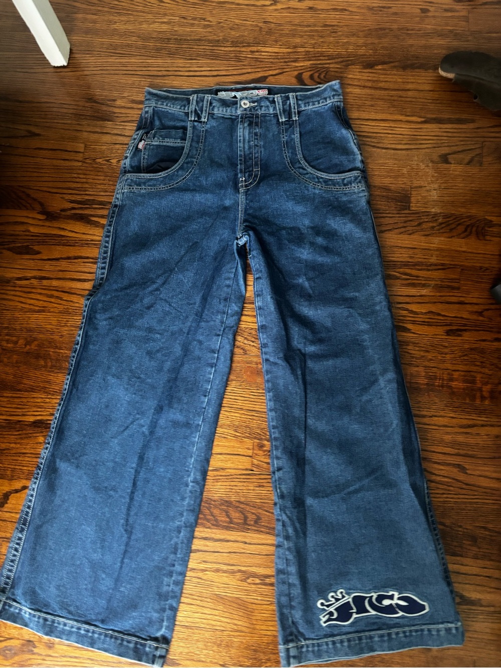 JNCO Men's Dark Blue Wide Leg Jeans with Embroidered Logo